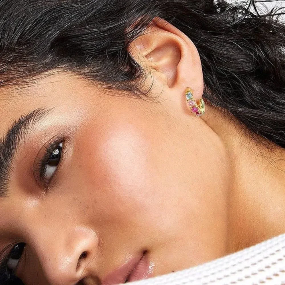 14K Yellow Gold Sterling Silver and Multicolor Cubic Zirconia Huggie Earrings